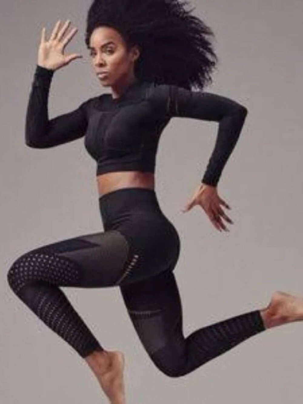 Fabletics Kelly Rowland Mesh Cutout Crop Top and Leggings Outfit, Black Size M